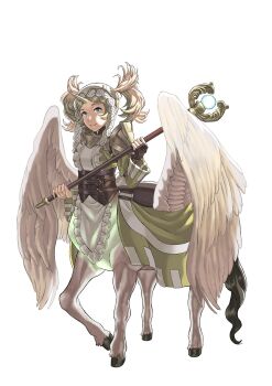 1girl armor back_bow backlighting black_tail blonde_hair blue_eyes body_fur bow brown_corset brown_gloves button_hair_ornament centaur corset dress eyelashes feathered_wings feathers fingerless_gloves fingernails fire_emblem fire_emblem_awakening gloves gorget headdress highres holding holding_staff hooves horse_tail kozaki_yuusuke_(style) lissa_(fire_emblem) long_sleeves looking_at_viewer mage_staff monster_girl multiple_legs nintendo parted_bangs pauldrons peacefulandflat pegasus saddle shoulder_armor smile solo staff standing_on_three_legs tail taur twintails unicorn_horn white_armor white_bow white_feathers white_fur white_headdress white_wings wide_sleeves winged_unicorn wings yellow_dress