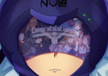 3boys 4girls :d ^_^ absurdres agil armor arms_up asuna_(sao) bald bandana black_armor black_coat black_gloves black_hair black_shirt black_skirt black_thighhighs black_trim blue_ribbon braid breastplate brown_eyes brown_hair canon_event clock closed_eyes closed_mouth coat collared_coat collared_dress commentary_request dark-skinned_male dark_skin detached_sleeves digital_clock double-parted_bangs dress gloves green_jacket grey_armor grey_eyes grin hair_between_eyes half_up_half_down_braid hand_up high_collar highres jacket kirito klein_(sao) lisbeth_(sao) long_dress long_hair long_sidelocks long_sleeves looking_at_viewer medium_hair messy_hair miniskirt multiple_boys multiple_girls nervegear open_clothes open_coat open_mouth outstretched_hand parted_bangs parted_lips pauldrons pink_dress pink_eyes pink_hair pleated_skirt red_bandana red_dress red_eyes red_jacket ribbon sarasara_shoyu shirt short_hair short_sleeves shoulder_armor sidelocks silica single_pauldron skirt sleeveless sleeveless_dress smile split_mouth straight-on straight_hair sword_art_online tassets thighhighs thumbs_up twintails upper_body user_interface vambraces waist_ribbon white_armor white_dress white_sleeves yui_(sao) zettai_ryouiki