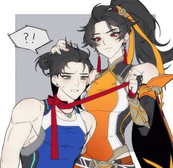 Rule 34 | !, 1boy, 1girl, ?, abs, annoyed, anran (overwatch), armor, bare shoulders, black cape, black hair, blue bodysuit, blue tank top, bodysuit, bow, brother and sister, brown eyes, cape, choker, close-up, collarbone, commentary request, covered abs, covered pectorals, earrings, fingerless gloves, gem, gloves, gold trim, green gem, grey background, hair bun, highres, jade (gemstone), jewelry, korean commentary, muscular, muscular male, necklace, nervous sweating, orange bodysuit, overwatch, pectorals, pendant, rectangular earrings, red bow, red eyes, red ribbon, ribbon, siblings, sidepec, single earring, sleeveless, sleeveless bodysuit, speech bubble, surprised, sweat, sweatdrop, t4o3q, tank top, tassel, tassel earrings, tight clothes, toned, toned male, topknot, topless male, upper body, wuyang (overwatch)