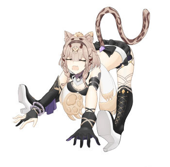 all_fours animal_ears bikini bikini_top_only black_bikini black_gloves black_shorts blunt_bangs breasts brown_hair cat_ears cat_girl cat_tail chinese_commentary cleavage commentary_request gloves highres honkai_(series) honkai_impact_3rd humugo medium_breasts open_mouth pardofelis pardofelis_(reverist_calico) short_hair_with_long_locks shorts simple_background swimsuit tail white_background