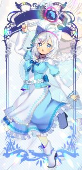 .live 1girl :o animal_ear_headphones animal_ears apron arm_up blue_eyes blue_jacket blue_sky boots commission dennou_shoujo_siro diagonal-striped_background fake_animal_ears frilled_skirt frills full_body grey_hair hair_between_eyes headphones heart high_heel_boots high_heels holding holding_wand jacket kou_hiyoyo layered_sleeves long_sleeves open_mouth puffy_short_sleeves puffy_sleeves short_over_long_sleeves short_sleeves skeb_commission skirt sky solo standing standing_on_one_leg striped_background waist_apron wand white_apron white_boots