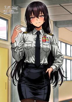 1girl alternate_costume artist_name black_hair black_necktie black_pantyhose black_skirt breast_pocket breasts brown_eyes collared_shirt dated grey_shirt hair_between_eyes highres hisama_tomoki japan_maritime_self-defense_force japan_self-defense_force kantai_collection large_breasts long_hair long_sleeves looking_at_viewer military military_dress_uniform military_rank_insignia military_uniform nagato_(kancolle) naval_dress_uniform naval_uniform necktie one-hour_drawing_challenge pantyhose pencil_skirt pocket ribbon_bar shirt shoulder_boards skirt solo standing very_long_hair