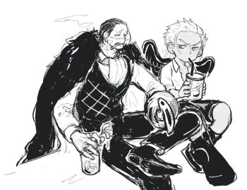2boys ascot boots cigar coat crocodile_(one_piece) cup drinking_straw earrings f4ylu greyscale hair_slicked_back highres holding holding_cup hook_hand jewelry monochrome multiple_boys one_piece ring s-hawk seraphim_(one_piece) short_hair shorts simple_background sitting stitched_face stitches wings