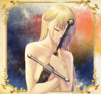 1girl blonde_hair breast_press breasts closed_eyes collarbone elf hazurewaku_no_joutai_ijou_skill_de_saikyou_ni_natta_ore_ga_subete_wo_juurin_suru_made holding holding_sword holding_weapon large_breasts long_hair nude official_art pointy_ears screencap seras_ashrain sword weapon