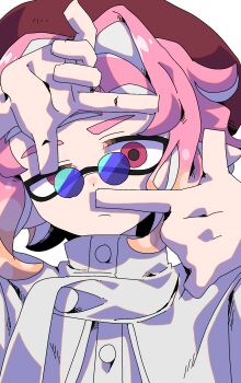 Rule 34 | 1boy, absurdres, blue-tinted eyewear, closed mouth, commentary request, finger frame, finger frame over eye, gradient hair, hat, high collar, highres, inkling boy, inkling player character, jacket, male focus, medium hair, mini eyewear, multicolored hair, nintendo, orange hair, pink hair, red hat, round eyewear, simple background, solo, splatoon (series), splatoon 3, tinted eyewear, two-tone hair, upper body, white background, white jacket, yagidon