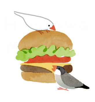 ._. animal animal_focus artist_name bird burger cheese commentary_request finch food food_focus from_side hirasawa_minami in_food java_sparrow lettuce no_humans no_lineart original simple_background white_background white_bird white_java_sparrow