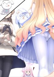 Rule 34 | !, 0 0, 3girls, :d, :p, ^ ^, animal, animalization, ass, backless dress, backless outfit, black neckerchief, black pantyhose, blonde hair, blue archive, bow, breasts, brown hair, closed eyes, closed mouth, detached sleeves, dog, doodle sensei (blue archive), dress, frilled dress, frills, hair bun, halo, long hair, long sleeves, medium breasts, mika (blue archive), multiple girls, nagisa (blue archive), neckerchief, o (rakkasei), open mouth, panties, panties under pantyhose, pantyhose, pink hair, puffy long sleeves, puffy sleeves, seia (blue archive), sensei (blue archive), single side bun, sleeves past fingers, sleeves past wrists, smile, steepled fingers, striped clothes, striped pantyhose, thighband pantyhose, tongue, tongue out, underwear, upskirt, v-shaped eyebrows, vertical-striped clothes, vertical-striped pantyhose, very long hair, white bow, white dress, white pantyhose, white sleeves, yellow bow