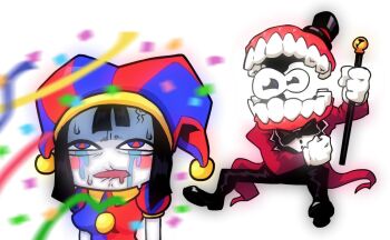 1boy 1girl artist_request asymmetrical_gloves bags_under_eyes black_eyeshadow blue_eyes blue_gloves blush_stickers brown_hair caine_(the_amazing_digital_circus) colored_eyelashes colored_skin confetti constricted_pupils death despair desperation disgust eye_twitch eyeshadow fatis glitch_productions gloves happy hat hat_bell jester jester_cap jester_costume looking_at_another makeup mismatched_eyelashes mismatched_gloves monster_boy multicolored_eyes multicolored_hat pomni_(the_amazing_digital_circus) puffy_short_sleeves puffy_sleeves red_eyes red_gloves rolling_eyes sadism short_hair short_sleeves striped_clothes striped_headwear sweat teardrop tears teeth the_amazing_digital_circus two-tone_eyes upper_teeth_only vertical-striped_bodysuit vertical-striped_clothes vertical-striped_headwear white_skin