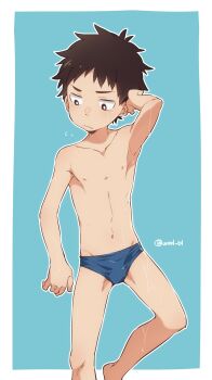 1boy absurdres averting_eyes bad_id bad_twitter_id black_hair blue_background blue_male_swimwear border bright_pupils bulge closed_mouth collarbone flying_sweatdrops hand_on_own_head highres inactive_account male_focus male_swimwear navel nipples original outside_border short_hair shota simple_background solo swim_briefs topless_male twitter_username wet white_border white_pupils wool_bl