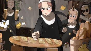 >_< 4girls :o animal_ears baby_animal baguette bangs_pinned_back bird biting_hand black_headband blonde_hair blue_eyes bread chicken chop clumsy_nun_(diva) commentary corn cross_scar diva_(hyxpk) duck duckling english_commentary fake_animal_ears food habit headband highres hungry_nun_(diva) japanese_saw karate little_nuns_(diva) mouse_(animal) mouse_ears multiple_girls nun nun_headdress popcorn poster_(object) red_eyes red_hair red_headband rubber_band rubber_duck saw scar scar_on_chest slice_of_life smile spicy_nun_(diva) star_nun_(diva) star_ornament sunglasses topknot traditional_nun