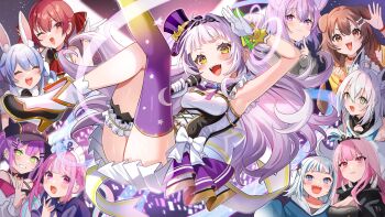 6+girls :d animal_ears arched_bangs arm_up back_bow boots bow bow_skirt breasts cat_ears cat_girl commentary_request cone_hair_bun crescent_print cross-laced_clothes dog_ears dog_girl dog_tail fold-over_boots fox_ears fox_girl frilled_sleeves frilled_thigh_strap frills gawr_gura gawr_gura_(1st_costume) gloves gold_trim grey_hair hair_bun hairband hat hexagram_hair_ornament high_heel_boots high_heels highres holding holding_microphone hololive hololive_english hololive_idol_uniform_(origin) houshou_marine houshou_marine_(1st_costume) idol_clothes inugami_korone inugami_korone_(1st_costume) large_bow long_hair looking_at_viewer microphone minato_aqua minato_aqua_(1st_costume) mini_hat mini_top_hat miniskirt mori_calliope mori_calliope_(1st_costume) multiple_girls murasaki_shion nekomata_okayu nekomata_okayu_(1st_costume) official_alternate_costume official_art open_mouth overskirt pleated_skirt print_thighhighs purple_hat rabbit_ears rabbit_girl satoupote shirakami_fubuki shirakami_fubuki_(1st_costume) shirt short_eyebrows side_up_bun sidelocks single_side_bun single_thighhigh skirt skirt_set sleeveless sleeveless_shirt small_breasts smile star_(symbol) star_print tail teeth thigh_strap thighhighs tilted_headwear tokoyami_towa tokoyami_towa_(1st_costume) top_hat upper_teeth_only usada_pekora usada_pekora_(1st_costume) virtual_youtuber white_boots white_bow white_gloves white_shirt white_skirt wrist_cuffs yellow_eyes