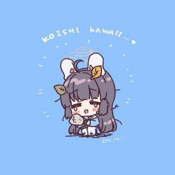 1girl :d =_= ahoge animal_ears black_gloves black_hair blue_archive blue_background blue_shirt blunt_bangs blunt_ends blush_stickers chibi chibi_only commentary emphasis_lines fake_animal_ears full_body gloves happy highres hime_cut holding holding_rock kuroi_mimei leaf leaf_on_head long_hair long_sleeves miyu_(blue_archive) open_mouth rabbit_ears rock romaji_text sailor_collar school_uniform serafuku shirt sidelocks simple_background sitting smile solo straight_hair tears twitter_username very_long_hair white_sailor_collar