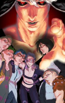 6+boys arm_around_neck black_gloves black_hair black_hat black_lips black_sclera blonde_hair blue_eyes blue_hair clenched_teeth clothing_cutout colored_sclera commentary curly_hair domino_mask english_commentary eye_mask foreshortening formaggio ghiaccio glasses gloves green_hair grey_hair hat highres illuso jojo_no_kimyou_na_bouken lips long_hair looking_at_viewer lowpolygon male_focus mask melone multiple_boys pants parted_lips pesci pointing pointing_at_viewer prosciutto_(jojo) purple_hair purple_mask red-framed_eyewear red_eyes red_shirt risotto_nero shirt short_hair smile striped_clothes striped_pants teeth vento_aureo white_hair