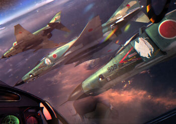 aa_megami-sama aircraft airplane belldandy blue_sky cockpit commentary_request external_fuel_tank f-4_phantom_ii fighter_jet flying helmet high_up highres japan_air_self-defense_force japan_self-defense_force military military_vehicle nose_art original pilot pilot_helmet pov_cockpit reflection sky timmyyen urd_(aa_megami-sama) vehicle_focus