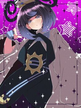 1girl black_dress black_hair blue_gloves blunt_bangs blush bob_cut coat dress fujiwara_hiro_(kaede_ciao) gloves gradient_hair gwynn_(pokemon) hat highres long_sleeves looking_at_viewer mega_stone multicolored_hair nintendo open_clothes open_coat open_mouth pantyhose partially_fingerless_gloves pokemon pokemon_legends:_z-a purple_eyes purple_hair short_hair solo white_coat