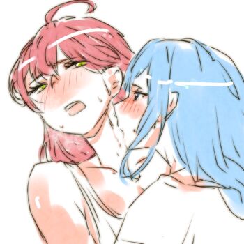 2girls biting blue_eyes blue_hair blush commentary_request green_eyes hololive hoshimachi_suisei long_hair multiple_girls neck_biting open_mouth pink_hair sakura_miko shirt simple_background sweat tank_top upper_body virtual_youtuber white_background white_shirt white_tank_top yumcmt yuri