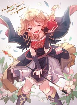 alternate_costume apple arrow bow dress eposhim faye_(fire_emblem) faye_(resplendent)_(fire_emblem) fire_emblem fire_emblem_echoes:_shadows_of_valentia fire_emblem_heroes flower food fruit gloves highres nintendo official_alternate_costume one_eye_closed tagme wink