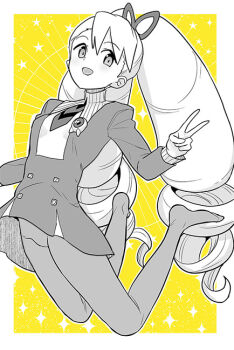 1girl bow commentary_request dress drill_hair hair_bow heriyama long_hair luna_platz_(mega_man) mega_man_(series) mega_man_star_force_(series) open_mouth pantyhose smile sparkle twin_drills v very_long_hair yellow_background