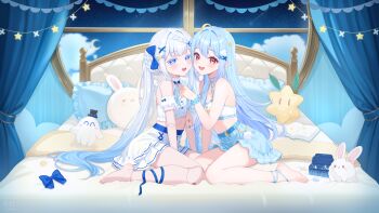 Rule 34 | 2girls, :d, absurdres, bare shoulders, barefoot, bed, bibixart, blue bow, blue eyes, blue hair, blue skirt, blush, bow, character request, cloud hair ornament, commentary request, commission, doll joints, flat chest, full body, gradient hair, hair bow, hair ornament, hand up, highres, indie virtual youtuber, joints, long hair, looking at viewer, multicolored hair, multiple girls, open mouth, pillow, red eyes, sidelocks, sitting, skirt, smile, symbol in eye, thai commentary, upper body, very long hair, virtual youtuber, white hair, white skirt, x hair ornament, yokozuwari