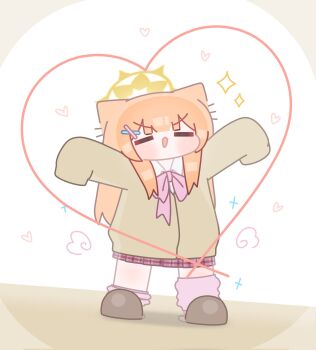 Rule 34 | 1girl, animal ears, blue archive, blunt bangs, blush, brown background, brown cardigan, brown slippers, cardigan, chibi, collared shirt, commentary, english commentary, full body, gyaru, hair ornament, hairclip, halo, heart, highres, horuhara, long hair, long sleeves, mari (blue archive), no nose, open mouth, orange hair, outstretched arms, pleated skirt, red skirt, shirt, simple background, skirt, sleeves past fingers, sleeves past wrists, slippers, smile, solo, standing, v-shaped eyebrows, white shirt, x hair ornament, yellow halo
