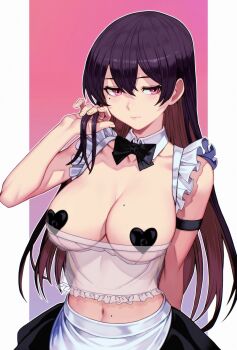1girl apron arm_behind_back black_skirt blush bow bowtie breasts brown_hair colored_inner_hair commentary covered_erect_nipples detached_collar embarrassed heart_pasties highres itspajama large_breasts long_hair looking_at_viewer mole mole_on_breast mole_on_stomach mole_under_eye multicolored_hair navel original pasties pink_background pink_eyes purple_hair see-through_clothes skirt solo symbol-only_commentary traditional_bowtie two-tone_background waist_apron white_apron white_background