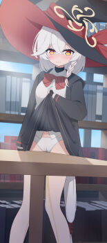 absurdres blue_archive bookshelf bow bowtie braid clothes_lift crotch_rub eri_(blue_archive) halo hat highres jacket long_coat long_hair masturbation orange_eyes panties pee peeing shirt skirt skirt_lift sweater table table_humping underwear white_hair witch_hat