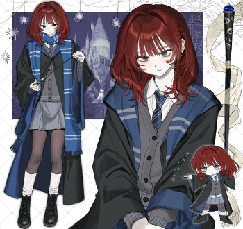 1girl absurdres boots highres jacket jewelry long_hair looking_at_viewer multiple_persona multiple_views necktie original pantyhose red_hair shirt skirt wayon154