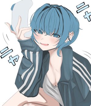 Rule 34 | blue eyes, blue hair, blush, breasts, cleavage, commentary request, controller, cropped legs, cropped torso, earrings, elbow on leg, game controller, grin, hair between eyes, hand on own face, highres, holding, holding controller, jacket, jewelry, legs, manyu2525, original, shirt, simple background, sitting, smile, track jacket, white background, white shirt