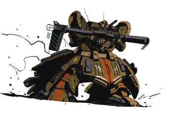 art_study bazooka_(gundam) cable damaged debris dom_(mobile_suit) dom_tropen dust_cloud emblem gundam highres machinery mecha mecha_focus mobile_suit mobile_suit_gundam no_humans one-eyed original red_ace redesign robot roundel science_fiction signature traditional_media weapon zeon