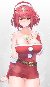 1girl absurdres bare_shoulders blush breasts chest_jewel christmas cleavage closed_mouth collarbone commentary cowboy_shot dress highres large_breasts meipasuye microdress pyra_(xenoblade) red_dress red_eyes red_hair santa_costume santa_dress short_hair simple_background smile solo strapless strapless_dress tiara white_background xenoblade_chronicles_(series) xenoblade_chronicles_2