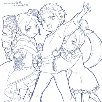 1boy 2girls age_regression aged_down beatrice_(re:zero) capelet dress drill_hair frills grabbing_from_behind hair_bun hair_over_one_eye holding_hands long_hair louis_arneb multiple_girls natsuki_subaru parted_bangs ponytail raised_arm re:zero_kara_hajimeru_isekai_seikatsu short_hair sketch twin_drills