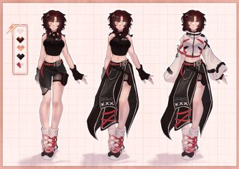 1girl absurdres artist_self-insert artist_self-reference black_gloves black_shirt breasts brown_hair crop_top ember_(embertinted) fingerless_gloves full_body gloves heart highres jacket long_hair looking_at_viewer medium_breasts midriff navel original reference_sheet shirt shoes shorts simple_background smile socks standing white_background white_jacket