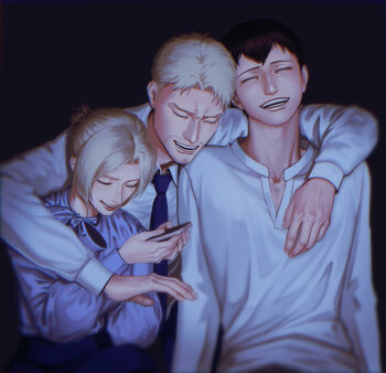 1girl 2boys aleve0420 annie_leonhart arm_around_shoulder beard_stubble bertolt_hoover black_background blonde_hair blue_necktie blue_shirt brown_hair closed_eyes collared_shirt facial_hair furrowed_brow highres holding holding_phone laughing multiple_boys necktie open_mouth parted_bangs phone reiner_braun shingeki_no_kyojin shirt short_hair smile stubble updo upper_body white_shirt
