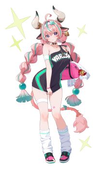 1girl absurdres ahoge alternate_costume animal_ears bag bandaid bandaid_on_leg braid breasts cow_ears cow_girl cow_horns ear_bell genshin_impact hairband highres horns large_breasts leg_warmers letter_pendant long_hair oichida pink_hair purple_eyes shoes shoulder_bag sneakers sparkle sweat thigh_strap towel twin_braids varesa_(genshin_impact) white_leg_warmers