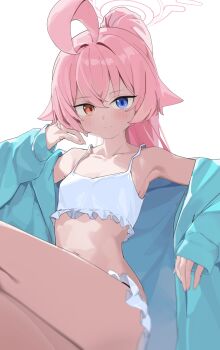1girl absurdres ahoge armpits arsyky14 bare_shoulders bikini blue_archive blue_eyes blue_jacket blush closed_mouth collarbone dot_nose flat_chest frilled_bikini frills hair_between_eyes halo hand_on_own_face hand_up heterochromia highres hoshino_(blue_archive) hoshino_(swimsuit)_(blue_archive) huge_ahoge jacket loli long_hair long_sleeves looking_at_viewer navel off_shoulder official_alternate_costume open_clothes open_jacket orange_eyes pink_halo ponytail simple_background sitting sleeves_past_wrists solo swimsuit thighs white_background white_bikini white_halo
