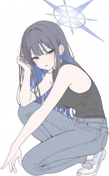 1girl black_hair black_shirt blue_archive blue_eyes blue_hair blue_pants blush breasts colored_inner_hair commentary_request hair_intakes halo highres kneeling large_breasts long_hair looking_at_viewer momonexmomo multicolored_hair pants parted_lips raised_eyebrow saori_(blue_archive) shirt shoes simple_background sleeveless sleeveless_shirt solo twitter_username white_background white_shoes
