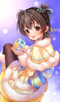 1girl :d akagi_miria black_pantyhose blue_background blue_ribbon boots box brown_eyes brown_hair capelet christmas commentary_request flipped_hair fur-trimmed_boots fur-trimmed_capelet fur-trimmed_shirt fur-trimmed_skirt fur-trimmed_sleeves fur_trim gift gift_box hair_intakes hair_ribbon holding holding_gift idolmaster idolmaster_cinderella_girls knee_boots long_sleeves looking_at_viewer medium_hair open_mouth pantyhose ribbon shirt skirt smile solo two_side_up yellow_boots yellow_capelet yellow_shirt yellow_skirt zero7shi