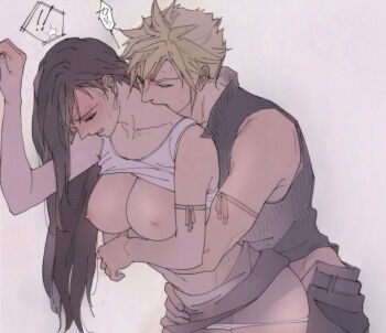 ! !! 1boy 1girl arm_around_waist arm_ribbon arm_under_breasts bare_shoulders biting black_hair black_shirt blonde_hair blush breasts cleavage closed_eyes clothed_sex clothes_lift cloud_strife collarbone couple cowboy_shot crop_top earrings final_fantasy final_fantasy_vii final_fantasy_vii_advent_children hand_on_another&#039;s_hip hetero hug hug_from_behind jewelry large_breasts long_hair midriff navel neck_biting nipples open_mouth oqm_ohc panties panty_pull red_ribbon ribbon sex sex_from_behind shirt shirt_lift single_earring sleeveless sleeveless_shirt spiked_hair standing standing_sex sweat sweatdrop tank_top tifa_lockhart underwear white_panties white_tank_top