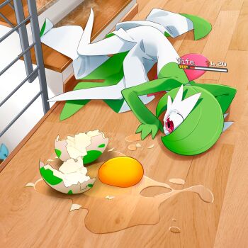 1girl absurdres biological_clothing bob_cut broken_egg colored_skin commentary crying egg egg_yolk eggshell fallen_down gardevoir gen_1_pokemon gen_3_pokemon green_hair green_skin health_bar highres ice indoors khyle. lying monster_girl multicolored_skin nintendo no_humans open_mouth pokemon pokemon_(creature) puddle red_eyes short_hair skin_clothes solo_focus spill stairs tears two-tone_skin untranslatable_commentary vaporeon white_skin wooden_floor