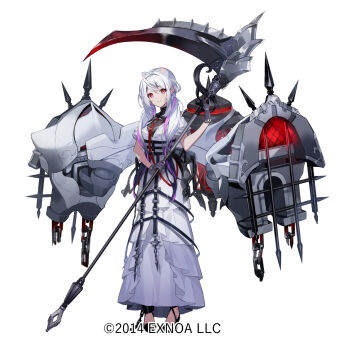 1girl ahoge black_hair black_shoes character_request closed_mouth commentary_request copyright_notice dress gloves gradient_hair grey_gloves holding holding_scythe long_hair multicolored_hair oshiro_project:re pekoo_(pekota) pink_hair red_eyes rigging scythe shoes solo streaked_hair white_background white_dress white_hair