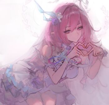 1girl absurdres bare_shoulders breasts commentary cyrene_(honkai:_star_rail) cyrene_(ripples_of_past_reverie)_(honkai:_star_rail) english_commentary flower hair_flower hair_ornament highres honkai:_star_rail honkai_(series) large_breasts leaning_forward long_hair looking_at_viewer pink_hair pointy_ears purple_eyes sakurayru simple_background solo thighs very_long_hair white_background