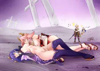 1boy 3girls absurdres aether_(genshin_impact) ahoge artist_name bare_shoulders blonde_hair blue_eyes blush braid breast_sucking breasts breasts_out bridal_gauntlets commentary couple covering_own_mouth crop_top detached_collar detached_sleeves dress english_commentary fan_hair_ornament fingering floating genshin_impact glowing hair_between_eyes hair_ornament halo hand_over_own_mouth headpiece highres holding holding_sword holding_weapon huge_breasts japanese_clothes jewelry kimono long_sleeves looking_down looking_to_the_side lying multiple_girls navel neck_ribbon netorare nude on_back on_side one_eye_closed open_clothes open_kimono open_mouth paimon_(genshin_impact) pants pendant pink_hair puffy_nipples purple_background purple_eyes purple_kimono purple_sky purple_thighhighs raiden_shogun red_ribbon ribbon scarf sex short_hair side_slit signature single_braid sky sleeves_rolled_up standing stomach surprised sword thighhighs thighs toes undressing weapon white_dress white_hair white_scarf wide-eyed wide_sleeves yae_miko yuri zura-k28