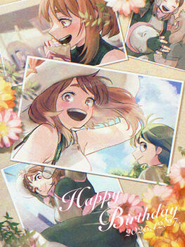 arm_behind_head asui_tsuyu bag black_bodysuit black_gloves black_shirt bodysuit boku_no_hero_academia brown_eyes brown_hair closed_mouth dated fingerless_gloves flower gloves green_hair happy_birthday hat highres hk_(nt) medium_hair multiple_views open_mouth photo_(object) pink_flower shirt shoulder_bag sleeveless sleeveless_shirt smile sun_hat superhero_costume thick_eyebrows twitter_username upper_body uraraka_ochako white_hat white_shirt yellow_flower