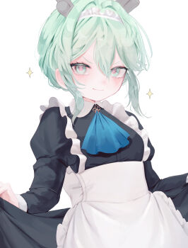 1girl absurdres alternate_costume antlers apron ascot black_dress blue_ascot blush commentary_request dress enmaided fate/grand_order fate_(series) hair_between_eyes highres horns long_hair looking_at_viewer louhi_(fate) maid maid_apron simple_background smile solo sparkle white_background yunu_nuyu