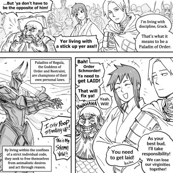 1boy 2girls 6+others ^_^ armor bb_(baalbuddy) breastplate cape cleric closed_eyes crowd dwarf english_text expressionless fake_horns full_body gauntlets helmet highres holding holding_sword holding_weapon hood hooded_cape horned_helmet horns jitome laughing light_blush monochrome multiple_girls multiple_others original outdoors paladin short_hair shouting speech_bubble sword weapon