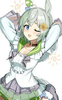 1girl absurdres animal_ears arms_behind_head blue_eyes blush breasts brown_choker choker collarbone ear_covers ear_scrunchie flower franz2543 green_shorts grey_hair hair_between_eyes hair_flower hair_ornament hairclip highres horse_ears horse_girl horse_tail layered_shirt long_sleeves looking_at_viewer one_eye_closed open_mouth seiun_sky_(reeling_in_the_big_one)_(umamusume) seiun_sky_(umamusume) shirt short_hair shorts single_ear_cover skirt smile solo sunflower sunflower_hair_ornament tail umamusume white_shirt