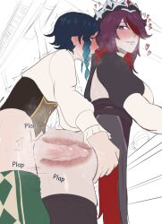 1boy 1girl ass blue_hair blush braid drunk female_focus femboy_on_female genshin_impact hiddenfuchsia red_hair redfushsia rosaria_(genshin_impact) short_hair twin_braids twintails venti_(genshin_impact) x-ray