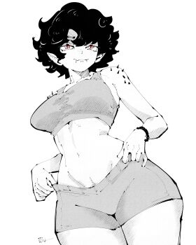 1girl absurdres bracelet breasts closed_mouth commentary cowboy_shot english_commentary fangs fangs_out greyscale hands_on_own_hips highres jewelry large_breasts looking_at_viewer miregeist monochrome navel original parted_bangs pink_eyes short_hair short_shorts shorts shoulder_spikes simple_background slit_pupils smile solo spikes sports_bra spot_color stomach white_background
