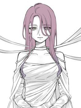 Rule 34 | 1girl, alien stage, choker, closed mouth, commentary, dress, expressionless, hashtag-only commentary, highres, long sleeves, mizi (alien stage), off-shoulder dress, off shoulder, pink hair, ribbon, solo, white background, white dress, yellow eyes, yezz io