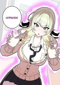 1girl :o absurdres black_bow black_necktie black_skirt bow braid breast_pocket breasts brown_cardigan brown_eyes cardigan classroom collared_shirt cowboy_shot dutch_angle english_text facing_viewer glowing green_hair hair_bow hair_intakes half_up_braid highres hypnosis large_breasts long_hair long_sleeves looking_at_viewer mind_control miniskirt mirui09 multiple_hair_bows necktie open_hands open_mouth original partially_unbuttoned pocket pointy_ears school_uniform shirt skirt solo speech_bubble twin_braids white_shirt